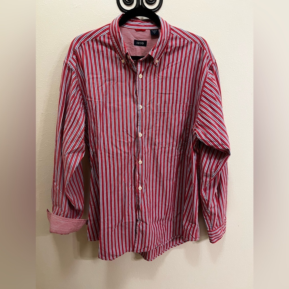 Izod Men's Red and White Striped Button Down Shirt